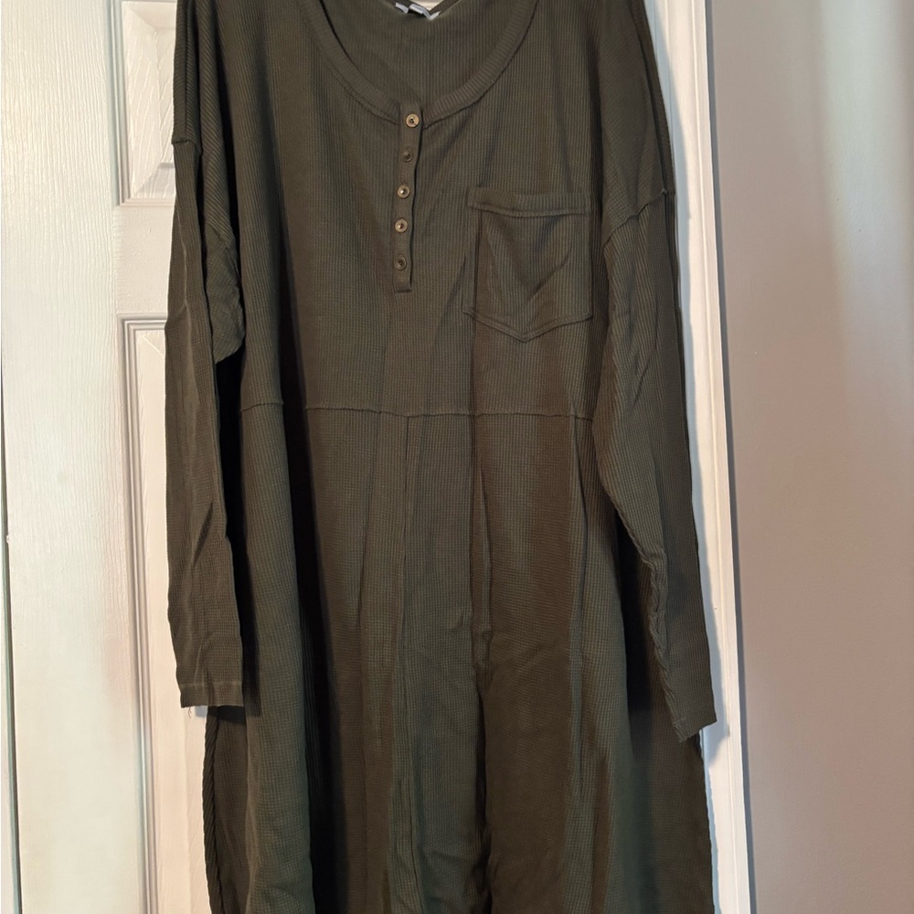 Waffle-knit Olive Long Sleeve Dress